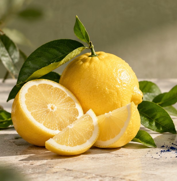 Illustrative image of lemon and green leaves